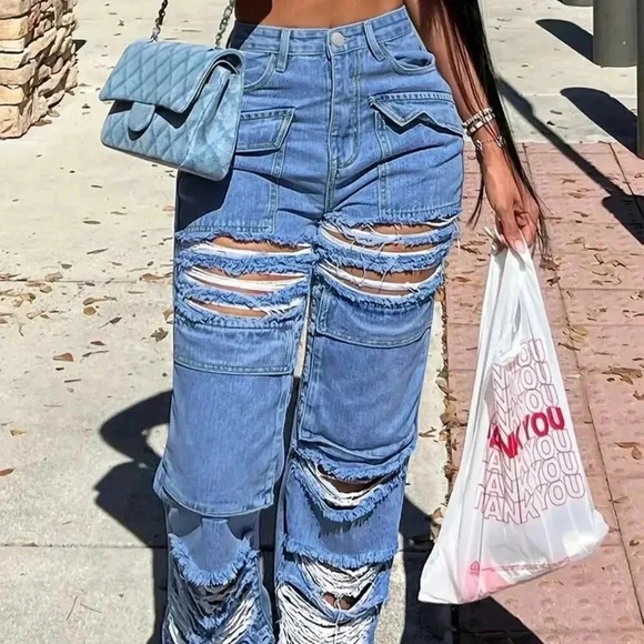 Ripped Holes Straight Jeans - Picture 1 of 4